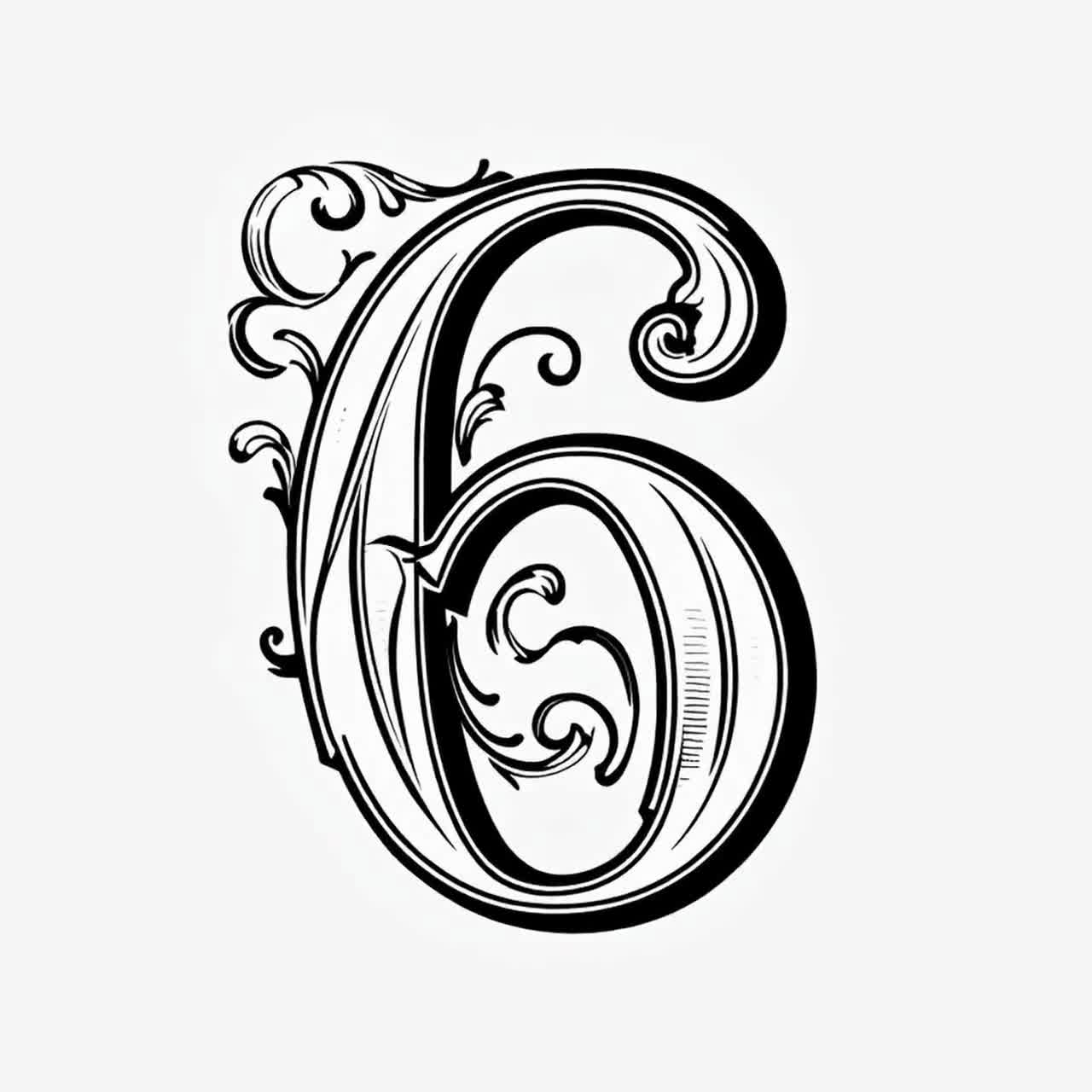 Ornate Stylized Number 6 - Elegant Black and White Digital Art for